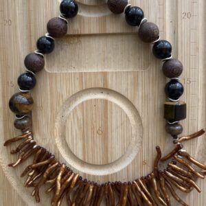 sandalwood, golden shell, tiger eye, and black obsidian necklace
